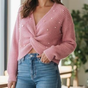 No Boundaries Pink Pearl Embellished Twist Front Cropped Fuzzy Sweater M